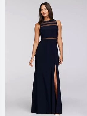 Navy Blue Elegant Sleeveless Mesh Inset Evening Gown - Navy